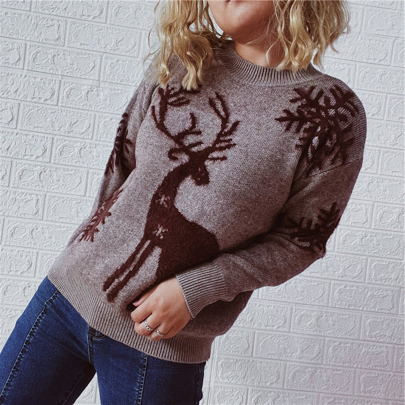 Pull de Noël tricoté à manches longues et col rond pour femme