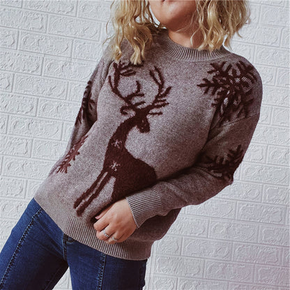 Pull de Noël tricoté à manches longues et col rond pour femme