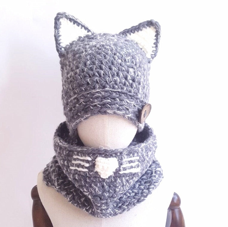 Bonnet tricoté avec oreilles de chat pour enfants, bonnet tricoté à la main, col chaud