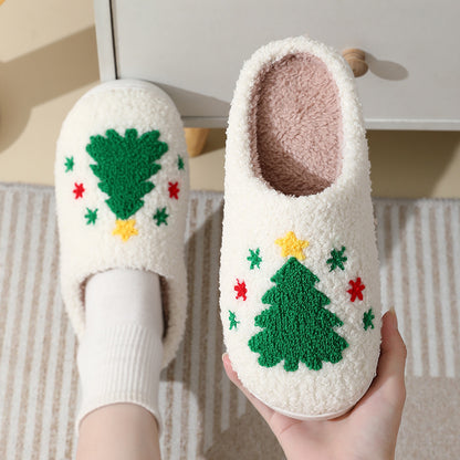 Pantoufles de noël en coton pour femmes et hommes, pantoufles de maison mignonnes de dessin animé du père noël, chaussures chaudes d'hiver en fourrure pour Couples