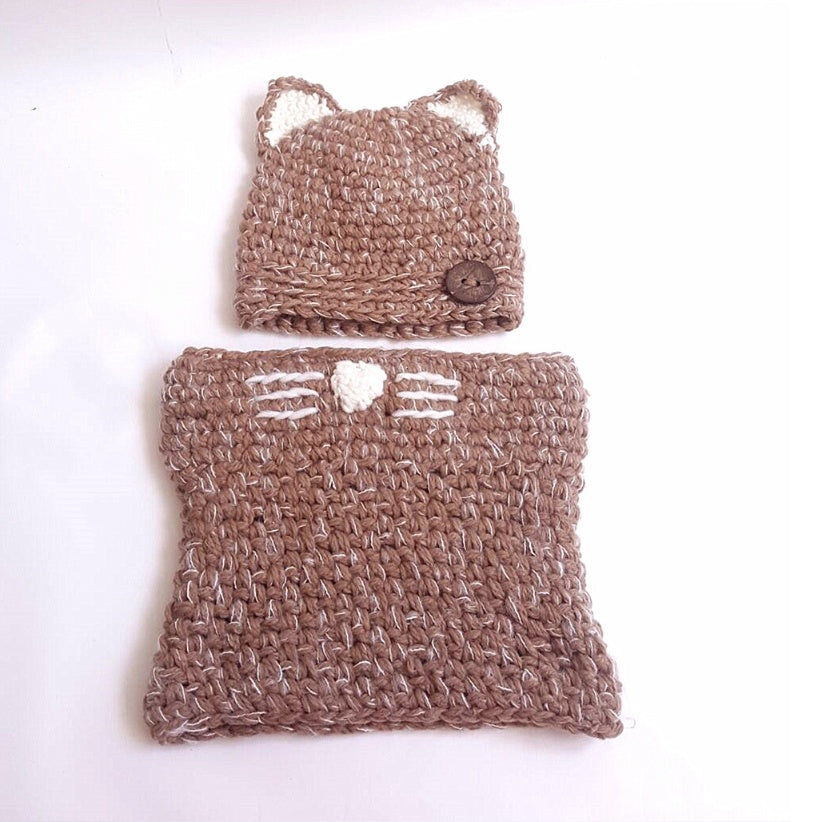 Bonnet tricoté avec oreilles de chat pour enfants, bonnet tricoté à la main, col chaud