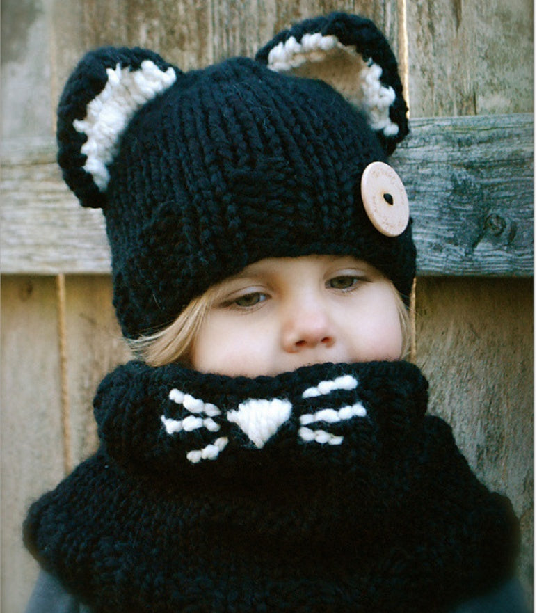 Bonnet tricoté avec oreilles de chat pour enfants, bonnet tricoté à la main, col chaud