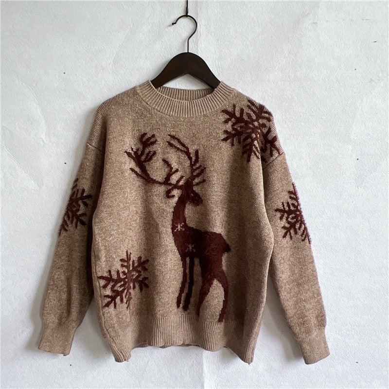 Pull de Noël à manches longues et col rond Pull jacquard en forme de cerf et de flocon de neige