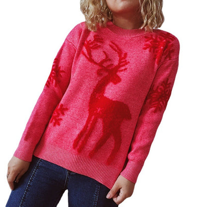 Pull de Noël tricoté à manches longues et col rond pour femme