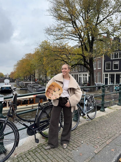 Manteau en peluche à manches longues intégré à grand revers et fourrure