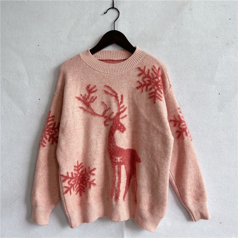 Pull de Noël tricoté à manches longues et col rond pour femme