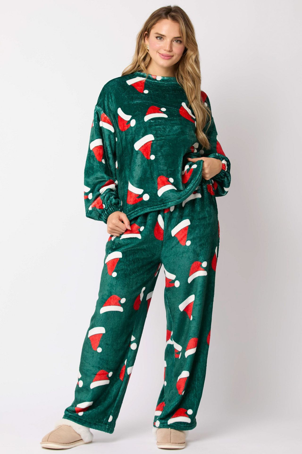 Ensembles pyjama décontracté en flanelle pour femmes 2 pièces, ensemble de chemises de salon assorti à manches longues et mignonnes pyjamas pour père Noël