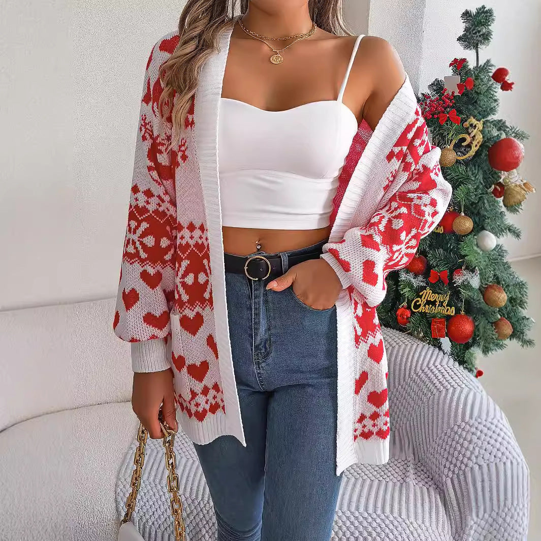 Cardigan ouvert sur le devant pour femme, vêtements de noël, tricot, manches lanternes, imprimé de noël, pull surdimensionné en forme de cerf, poches tricotées