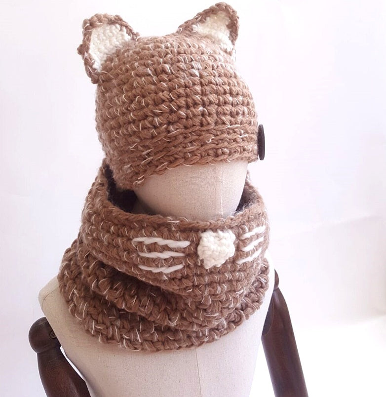 Bonnet tricoté avec oreilles de chat pour enfants, bonnet tricoté à la main, col chaud