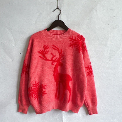 Pull de Noël à manches longues et col rond Pull jacquard en forme de cerf et de flocon de neige