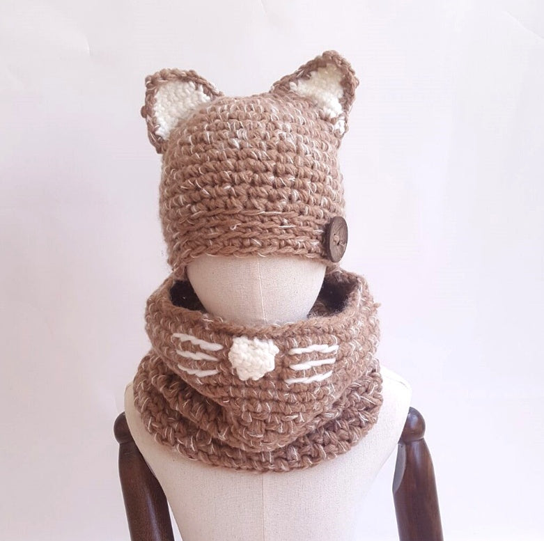 Bonnet tricoté avec oreilles de chat pour enfants, bonnet tricoté à la main, col chaud