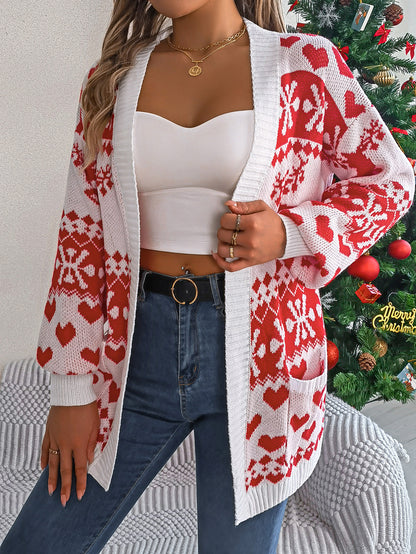 Cardigan ouvert sur le devant pour femme, vêtements de noël, tricot, manches lanternes, imprimé de noël, pull surdimensionné en forme de cerf, poches tricotées