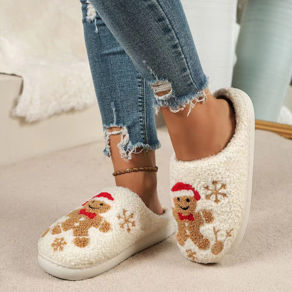 Chaussons de pain d'épice flocon de neige de Noël, chaussures d'intérieur antidérapantes pour la chambre à coucher | chaussures de maison floues pour femmes | pantoufles d'intérieur