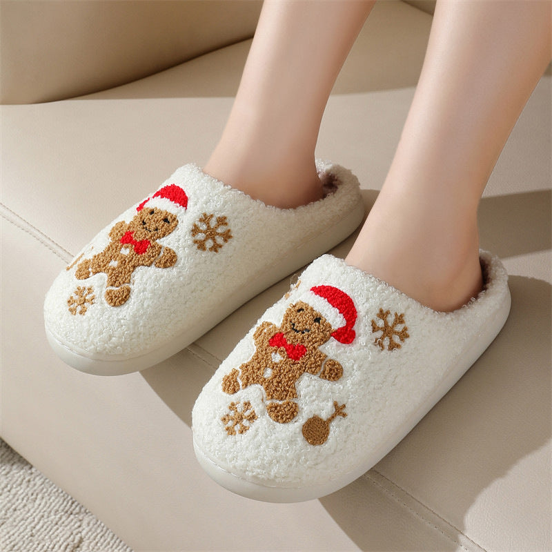 Chaussons de pain d'épice flocon de neige de Noël, chaussures d'intérieur antidérapantes pour la chambre à coucher | chaussures de maison floues pour femmes | pantoufles d'intérieur