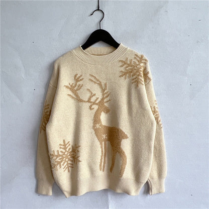 Pull de Noël à manches longues et col rond Pull jacquard en forme de cerf et de flocon de neige