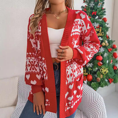 Cardigan ouvert sur le devant pour femme, vêtements de noël, tricot, manches lanternes, imprimé de noël, pull surdimensionné en forme de cerf, poches tricotées