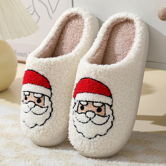 Pantoufles de noël en coton pour femmes et hommes, pantoufles de maison mignonnes de dessin animé du père noël, chaussures chaudes d'hiver en fourrure pour Couples