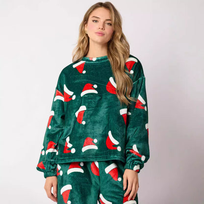 Ensembles pyjama décontracté en flanelle pour femmes 2 pièces, ensemble de chemises de salon assorti à manches longues et mignonnes pyjamas pour père Noël