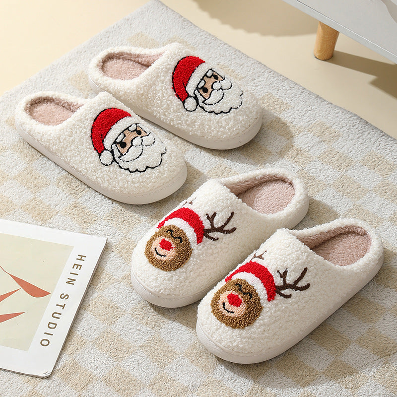 Pantoufles de noël en coton pour femmes et hommes, pantoufles de maison mignonnes de dessin animé du père noël, chaussures chaudes d'hiver en fourrure pour Couples