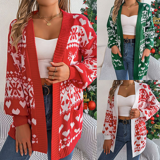 Cardigan ouvert sur le devant pour femme, vêtements de noël, tricot, manches lanternes, imprimé de noël, pull surdimensionné en forme de cerf, poches tricotées